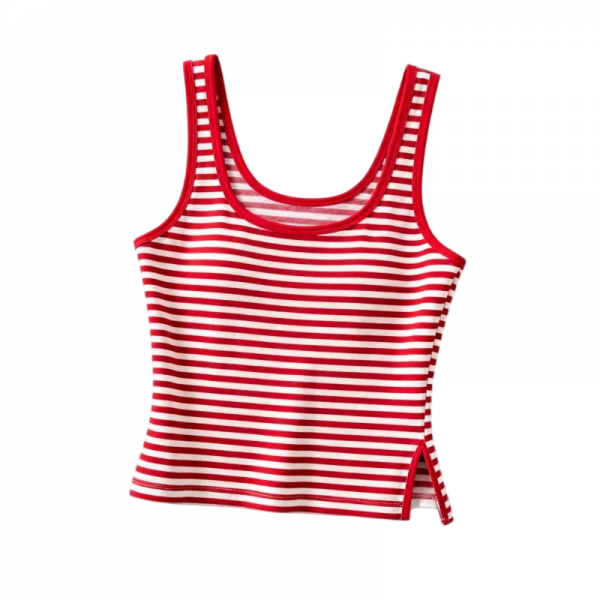 Women's Red & White Striped Slim-Fit Tank Top with Side Slits