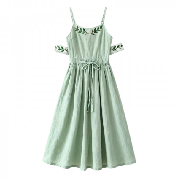 Women's Light Green Cold-Shoulder Cami Dress with Leaf Embroidery & Drawstring Waist