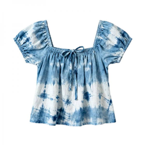 Women's Blue & White Tie-Dye Square Neck Off-Shoulder Short Sleeve Blouse