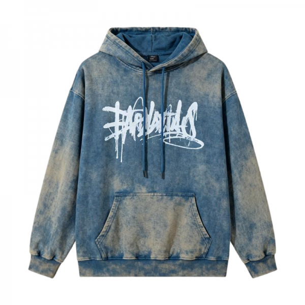 Men's Distressed Blue Tie-Dye Graffiti Hoodie