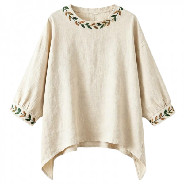 Women's Beige Linen-Blend Olive Branch Embroidery Asymmetric Hem Sweatshirt
