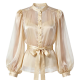 Women's Beige Mandarin Collar Pearl Button Blouse with Puff Sleeves & Sash Belt