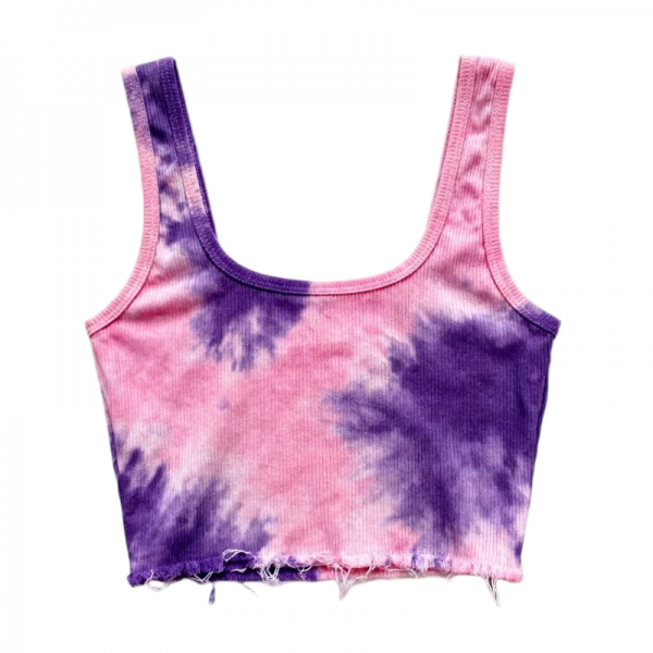 Women's Pink & Purple Tie-Dye Ribbed Tank Top with Distressed Hem