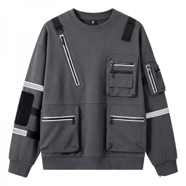 Men's Gray Techwear Multi-Zip Pocket Reflective Strip Sweatshirt