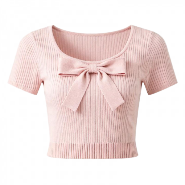 Women's Pink Ribbed Short Sleeve Blouse with Bow Accent
