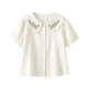 Women's Cream Floral Embroidery Peter Pan Collar Short Sleeve Blouse