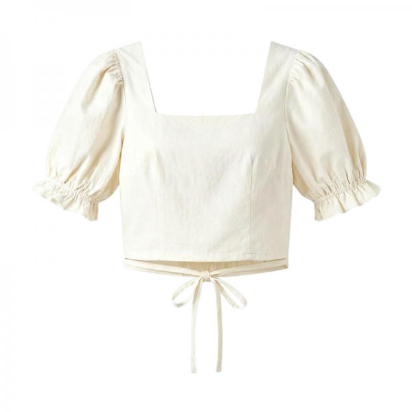 Women's Cream Square Neck Puff Sleeve Cropped Blouse with Drawstring