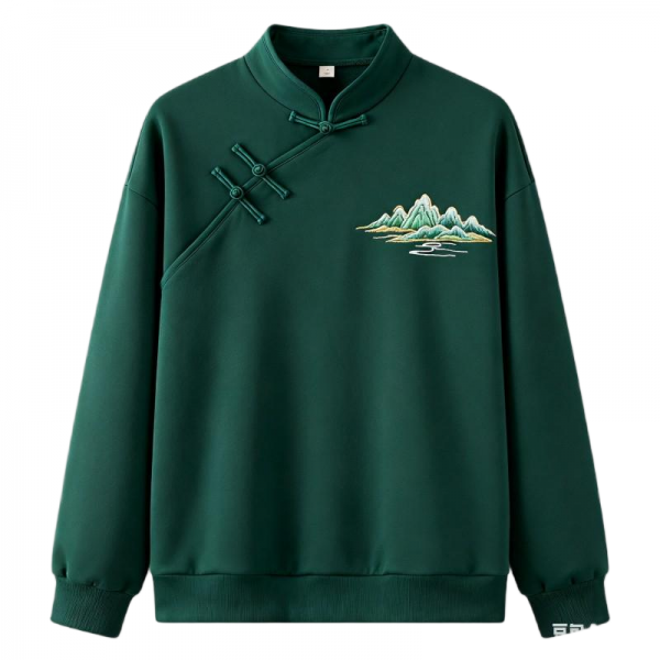 Men's Dark Green Chinese Frog Button Landscape Embroidery Sweatshirt