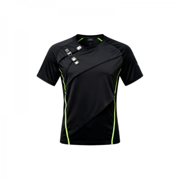 Women's Black Techwear Short Sleeve T-Shirt with Neon Green Accents & Buckles