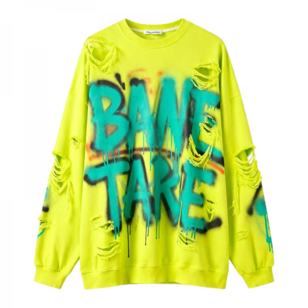 Unisex Neon Yellow Distressed Graffiti Crew Neck Sweatshirt