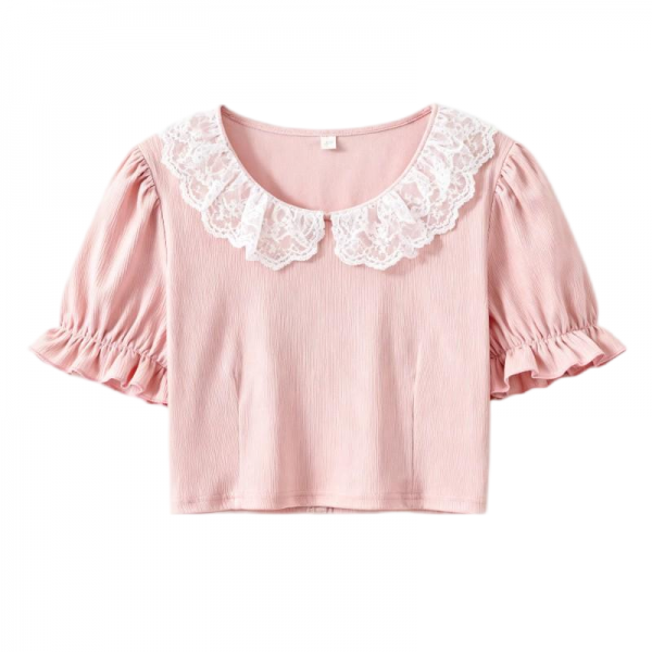 Women's Pink Ribbed Blouse with Lace Collar & Puff Sleeves