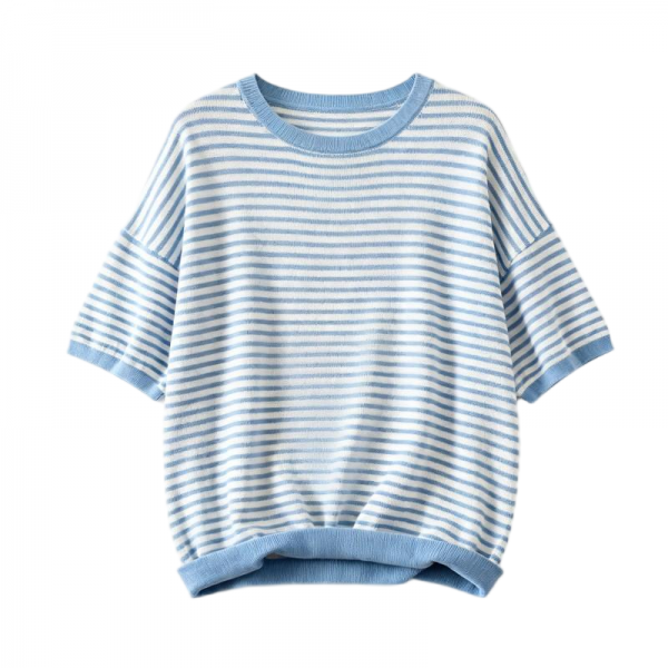 Women's Blue & White Striped Oversized Short Sleeve Knit Top