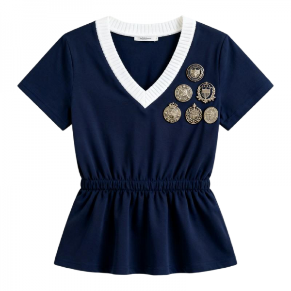 Women's Navy Blue V-Neck Short Sleeve Top with Ribbed Collar & Badge Embellishments