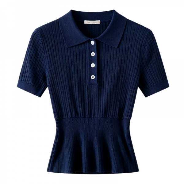 Women's Navy Ribbed Knit Polo Collar Peplum Short Sleeve Top
