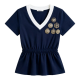 Women's Navy Blue V-Neck Short Sleeve Top with Ribbed Collar & Badge Embellishments