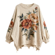 Women's Beige Floral Print Lantern Sleeve Distressed Hem Sweatshirt