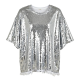 Women's Silver Sequin Oversized Short Sleeve Top with Fringe Hem