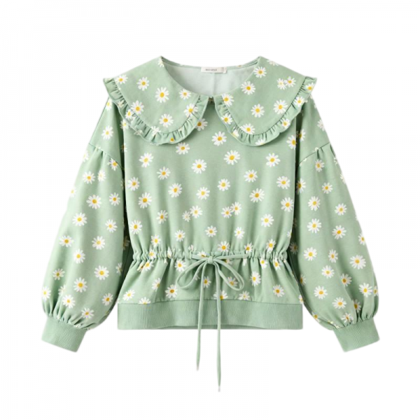 Women's Mint Green Daisy Print Ruffled Collar Drawstring Sweatshirt