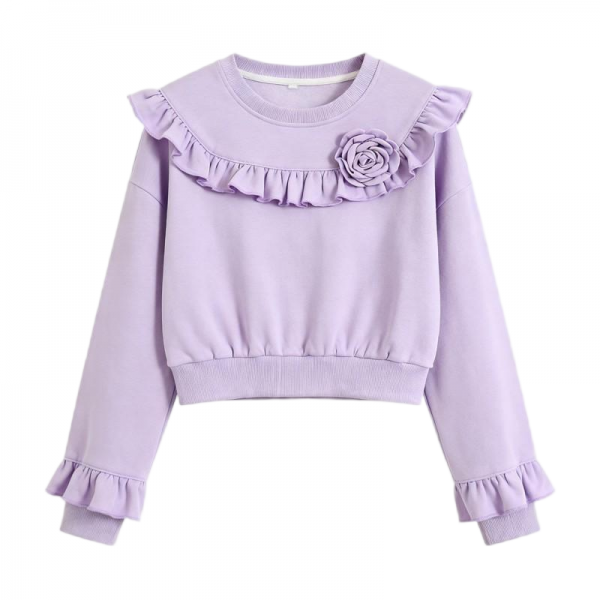 Women's Lavender Ruffled Collar 3D Flower Cropped Sweatshirt