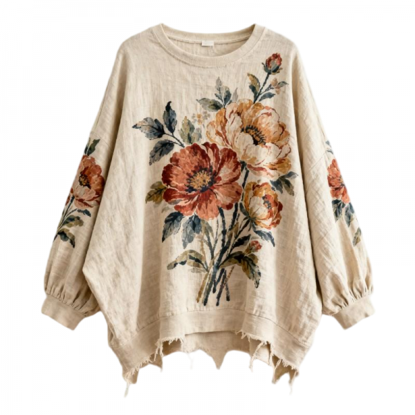 Women's Beige Floral Print Lantern Sleeve Distressed Hem Sweatshirt