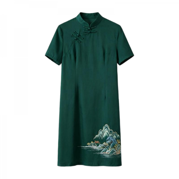 Women's Dark Green Chinese Qipao Dress with Landscape Embroidery