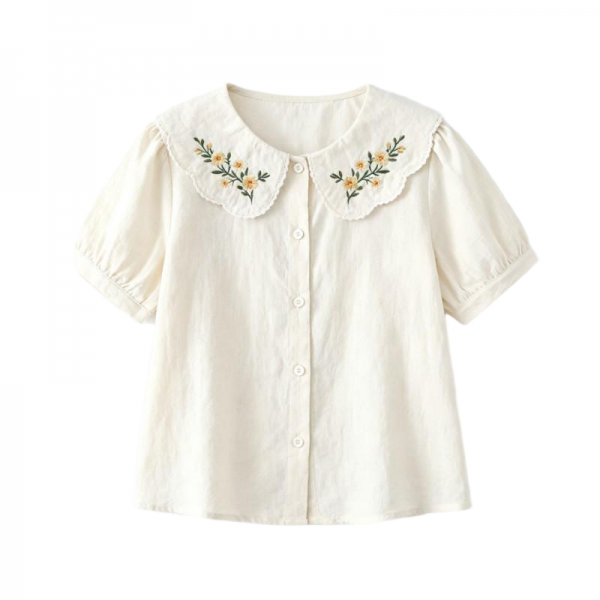 Women's Cream Floral Embroidery Peter Pan Collar Short Sleeve Blouse