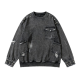 Men's Black Distressed Denim Sweatshirt with Studs & Utility Pockets