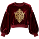 Women's Burgundy Velvet Gold Baroque Embroidery Puff Sleeve Cropped Sweatshirt