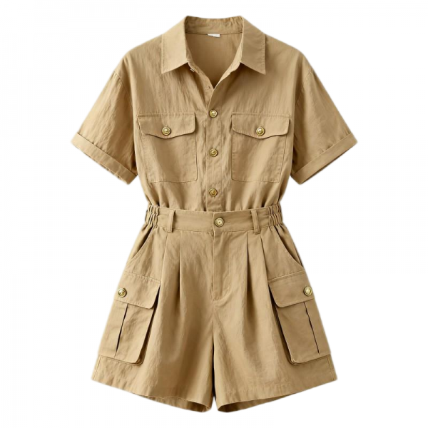 Women's Khaki Utility Romper with Collar & Belted Waist