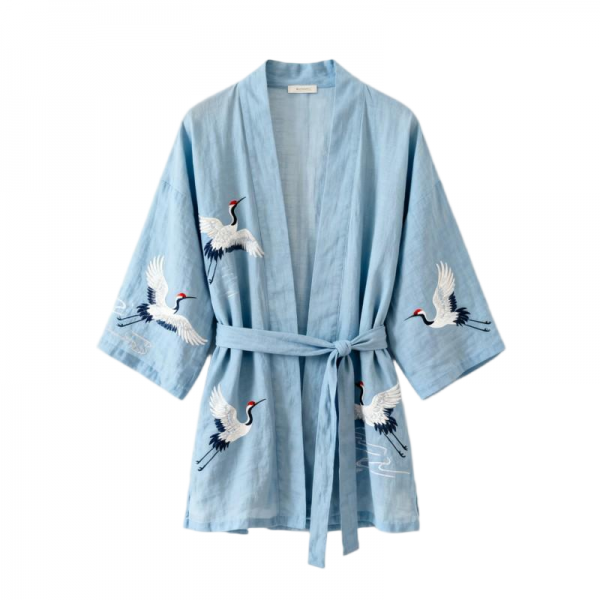 Women's Light Blue Kimono-Style Jacket with Crane Embroidery & Self-Tie Belt