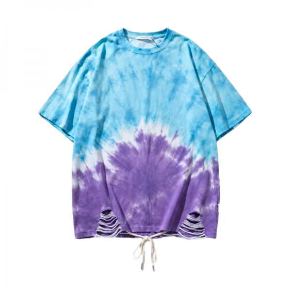 Women's Blue & Purple Tie-Dye Oversized Short Sleeve T-Shirt with Rips & Drawstring