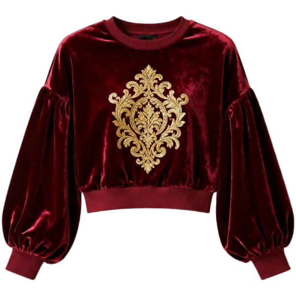 Women's Burgundy Velvet Gold Baroque Embroidery Puff Sleeve Cropped Sweatshirt