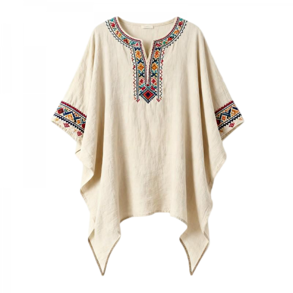 Women's Cream Boho Embroidered Poncho Blouse with Asymmetric Hem