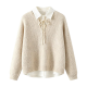Women's Beige Shirt Collar Lace-Up Knit Sweatshirt