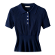 Women's Navy Ribbed Knit Polo Collar Peplum Short Sleeve Top